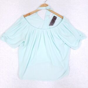 Moon Collection Women's‎ L Aqua Cold Shoulder Back Tie Blouse Flowy Summer Top